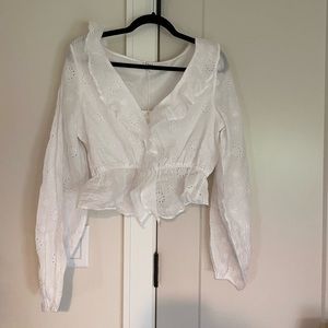 Frame ruffle front eyelet long sleeve top